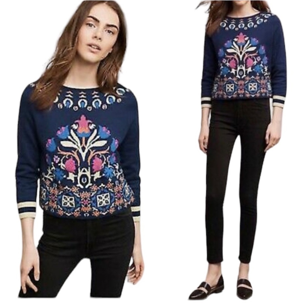 Anthropologie Sweater Monogram Floral Intarsia